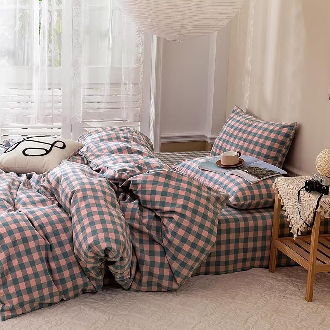 mixinni Plaid Comforter Set King - 3 Piece Soft Geometric Checkered Comforter with 2 Pillow Shams, Modern Gingham Pattern Bedding Set for All Season, Breathable & Soft Cozy (Pink, Purple, Blue)