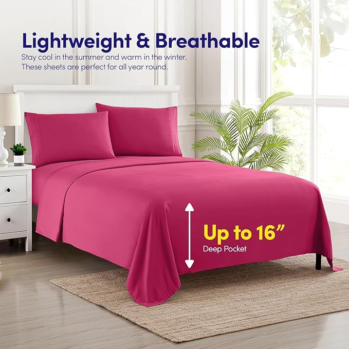 1500 Supreme Collection King Sheet Sets Fuschia - Luxury Hotel Bed Sheets and Pillowcase Set for King Mattress - Extra Soft, Elastic Corner Straps, Deep Pocket Sheets, King Fuschia