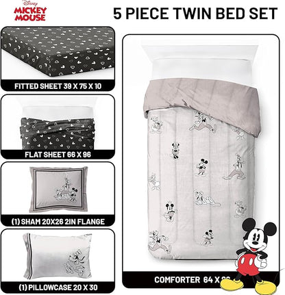 Jay Franco Kids Comforter Set Includes Sheets and Pillow Covers - Soft and Cozy Bed Set for Stylish Room Decor, Official Licensed Bedding, Beige - Mickey and Friends, 5 Piece Twin