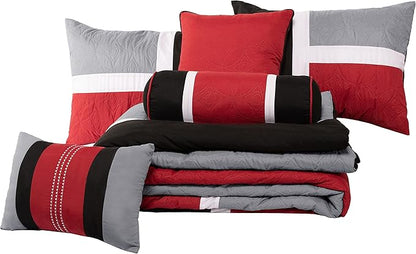 Chezmoi Collection 7-Piece Quilted Patchwork Comforter Set, Red/Gray/Black, Full