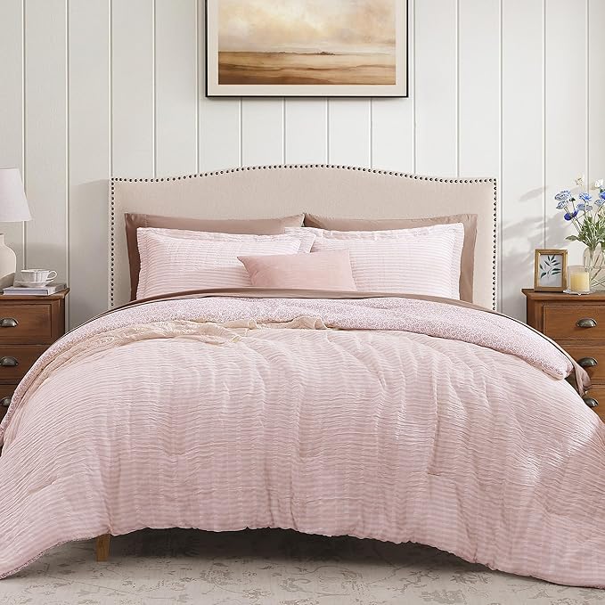 King Comforter Set - 7 Pieces Pink Gauze Muslin Bedding Sets for All Seasons, Lightweight Breathable Bed in a Bag King with Revesible Farmhouse Comforter, Sheets, Pillowcases & Shams