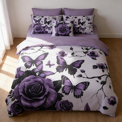Vintage Floral Comforter Set Full Size, Purple Floral Bedding Set for Gothic Bedroom Decor, 23 Pieces Soft Microfiber Lightweight Comforter Set with 2 Pillowcases, 79"x90"