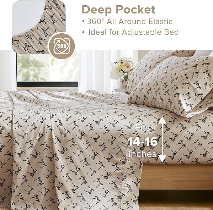 Comfort Spaces 100% Cotton Sheets Full, Breathable, Naturally Cool Cotton Sheets, Soft Cotton Bed Sheets with 14" Elastic Pocket Fits up to 16" Mattress, All Seasons Sheet Set, Bow Black/Taupe 4 Piece