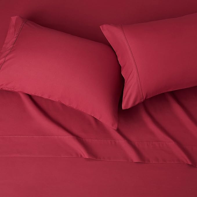 Amazon Basics Lightweight Super Soft Easy Care Breathable Brushed Microfiber 4-Piece Bed Sheet Set with 14-Inch Deep Pockets, Wrinkle Resistant, Queen, Burgundy, Solid
