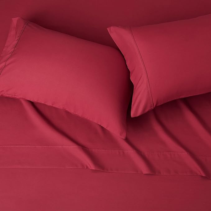 Amazon Basics Breathable, Wrinkle-Free, Ultra-Soft Microfiber 4 Piece Bed Sheet Set with 14-Inch Deep Pockets, Full, Burgundy, Solid