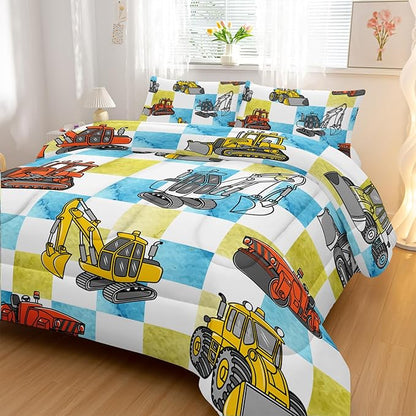 Boy's Construction Truck Comforter Set King,Orange,and Yellow Truck 3 Pieces Bedding Set for Kids Boys Teens,Blue and Yellow Plaid Microfiber Lightweight Quilt Bedroom Decor with 2 Pillow Cases