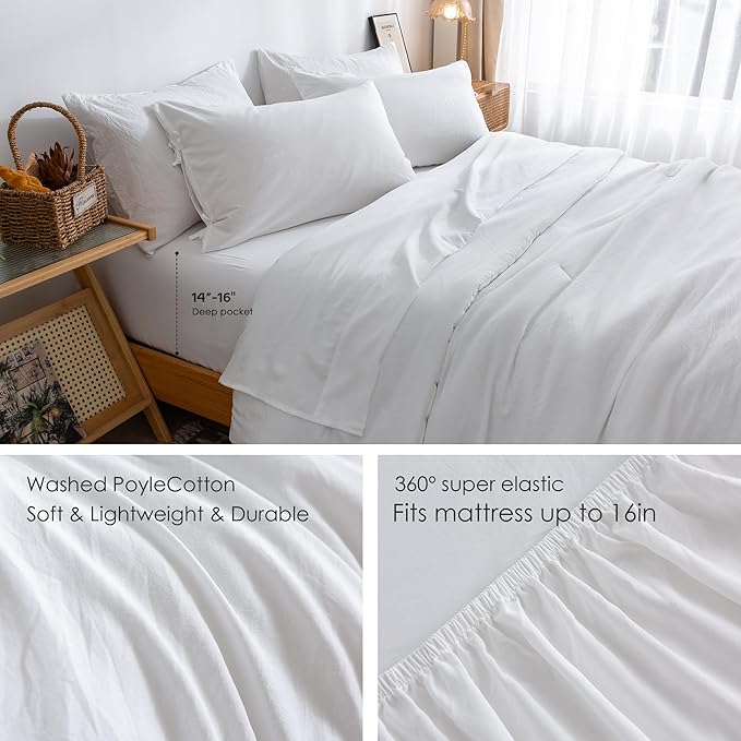COTTEBED Ultra-Soft Queen Bed Set with Comforter and Sheets - 7 Pieces Bed in a Bag Lightweight All Season, Aesthetic Boho Hotel Polycotton Queen Down Comforter and Bedding Sheet Set Pillowcase White