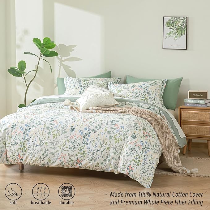 Floral Cotton Comforter King Size - Botanical Wildflower Pattern with Soft Pestel Accents on White, Textured Dusty Green Back, 3PC Lightweight Bedding Set with Down Alternative Fill(104"×90")