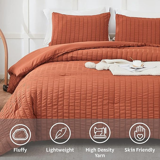 AveLom Terracotta Seersucker Comforter Set - Full Size, 80x90 Inches, 3 Pieces, Machine Washable