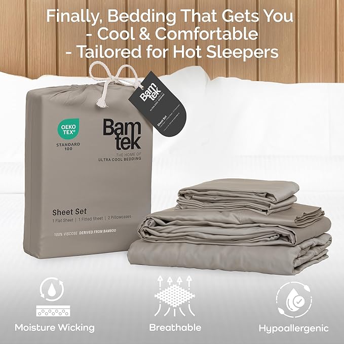 Viscose Bamboo Sheets Queen Size 4PC Set - Cooling Bedding for Hot Sleepers with Moisture Wicking Technology - Silky Soft 18 Inch Deep Pocket - Sand 60"x 80"