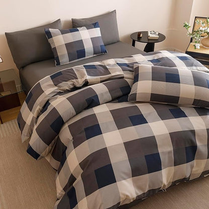 CLOTHKNOW Blue Plaid King Size Comforter Set Gingham Tartan Bedding Comforter Sets Geometric Comforter King Sets with 2 x Pillow Cases