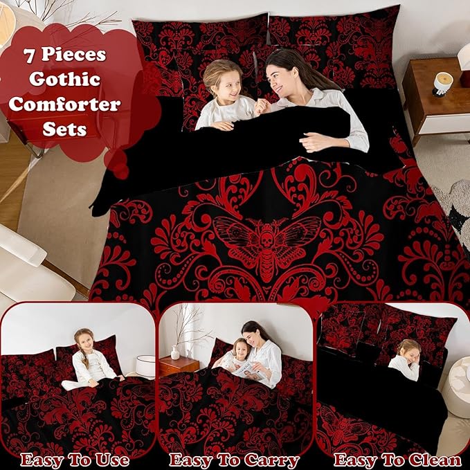 Erosebridal Gothic Damask 7 Piece Comforter Set Full Bed in a Bag,Exotic Moth Bedding Sets Red Black Victorian Floral Goth Sheet Set with Comforter