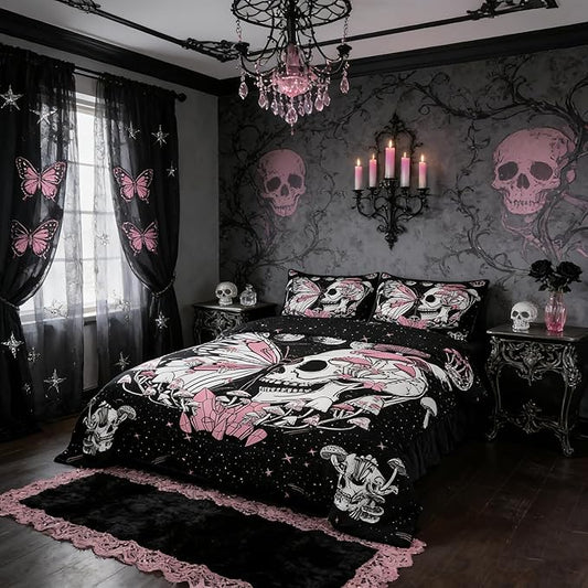 Butterfly Skull Comforter Set Twin Size Pink Mushroom Quilted Duvet Gothic Starry Galaxy Moon Bedding Set 2pcs for Kids Teens Girls Boys Bedroom Decor Trippy Plants Duvet Insert,1 Pillowcase