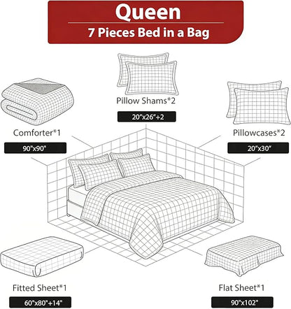 Black Vintage Queen Size Bed in A Bag for Girls, 7Pcs Black Floral Comforter Bedding Set with Stripe Patchwork, 1 Comforter 90"x90"+2 Pillowcases+1 Flat Sheet+1 Fitted Sheet+2 Pillowshams