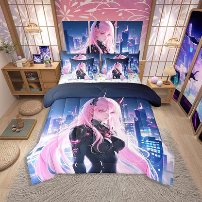 Erosebridal Japanese Anime Bed in A Bag with Sheets Twin, Anime Girl Comforter Set 7 Piece Kawaii Japanese Style Bedding Set Cartoon Japan Animation Bed Set for Boys Teens Adult Women Bedroom