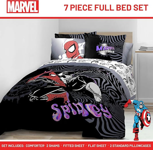 Jay Franco Kids Comforter Set Includes Sheets and Pillow Covers - Soft and Cozy Bed Set for Stylish Room Decor, Black - Marvel Comics, 7 Piece Full Size Bedding