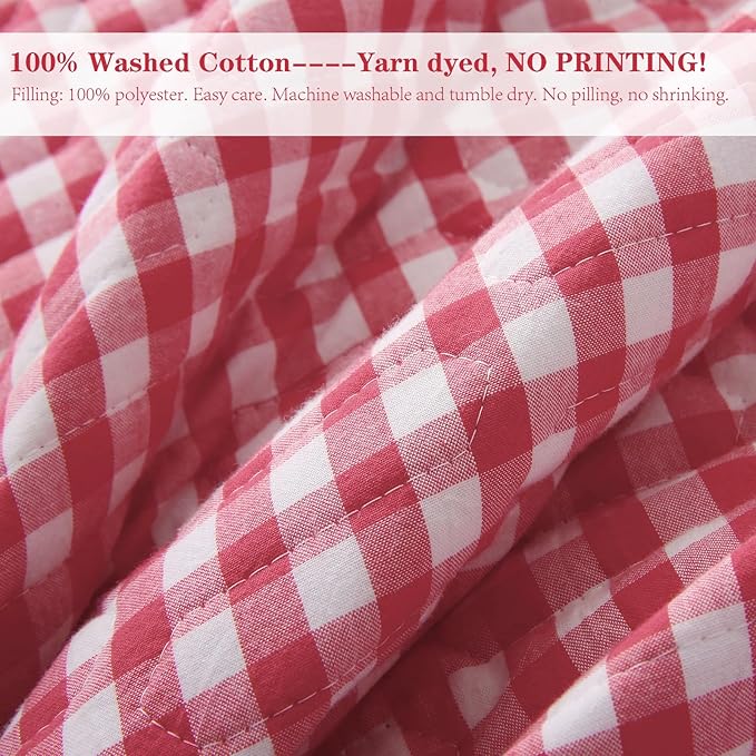 Red White Ruffle Gingham Quilt Set Queen Size with 2 Pillow Shams, 100% Washed Cotton Yarn-Dyed Quited Bedspread Farmhouse Bedding Set (Red, Queen)