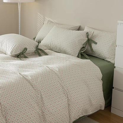 HighBuy Vintage Full Comforter Set Fluffy Cozy with Pink Floral Plaid Print Coquette Cottagecore Bedding Comforter with 2 Bowknot Bow Tie Pillowcases Boho Chic Comforter Set for Women Girls