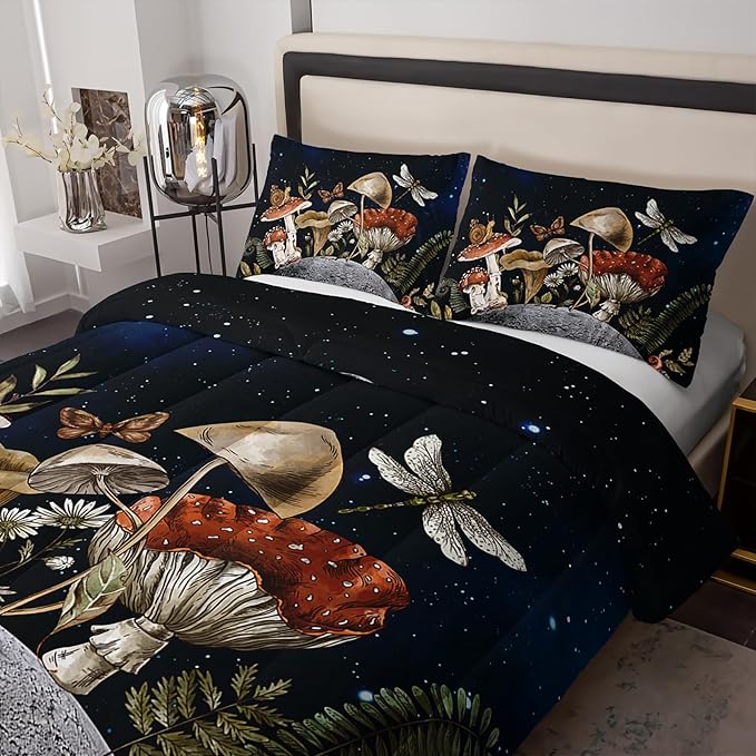Mushroom Bedding - Black Full Comforter Set, Boho Mushroom Decor, Hippie Style