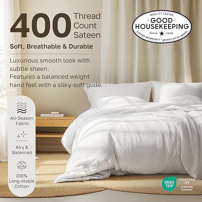 California Design Den Striped Queen Sheet Set - Soft 400 Thread Count Sateen, Natural 100% Cotton Sheets with Deep Pockets, and Durable Bedding Set - Striped White