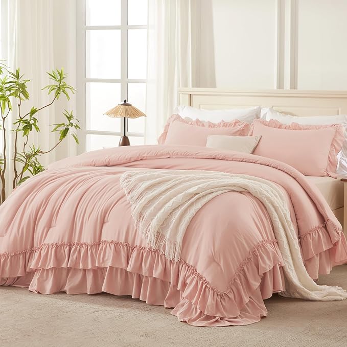 Andency Blush Twin Size Comforter Set(66x90Inch), 2 Pieces Farmhouse Shabby Chic Ruffle Comforter Set for Kids, Lightweight Fluffy All Season Soft Polyester Bedding Set