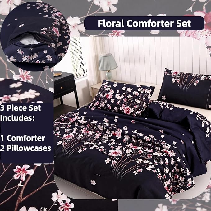 SDIII Navy Blue Floral Comforter Set Full 3 Pieces, Soft Microfiber Lightweight Floral Bedding Full, Flower Full Size Comforter Set for All Season