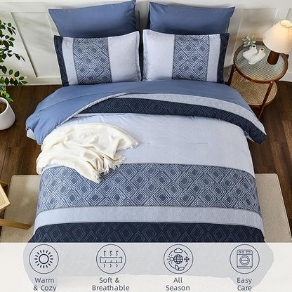 Dinjoy Blue King Size Comforter Set,Striped Boho Bed in a Bag King 7 Pieces Soft Fall Bedding Comforters Microfiber Mineral Blue Complete Sets for All Season