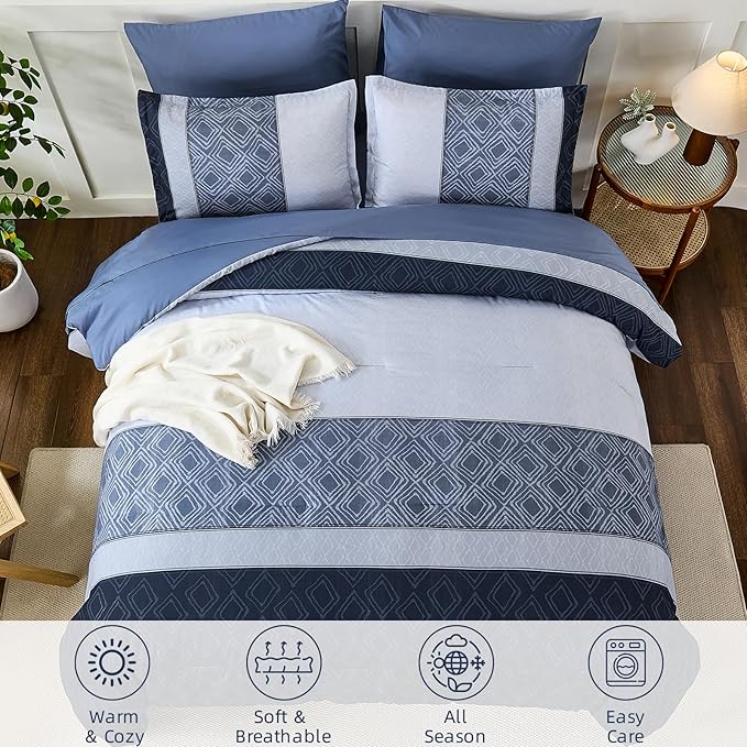 Dinjoy Boho Queen Comforter Set Mineral Blue,7 Piece Bed in a Bag Queen Size Warm Striped Fall Bedding Sets with Plaid Comforters with Sheets for Family All Season