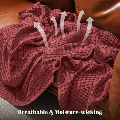 PHF 100% Cotton Waffle Weave Blanket Twin Size for Bed, Soft Lightweight & Breathable for Spring and Summer, All-Season Comfort, Luxury Aesthetic Blanket for Home Decor, 66"x90", Wine Red