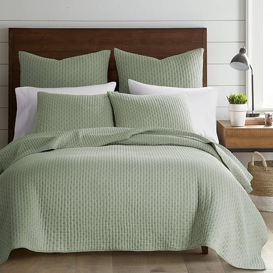 Levtex Home Cross Stitch Reversible Full/Queen Quilt Set (88x92in) and 2 Pillow Shams (26x20in) - Stitch Texture - Desert Sage - Cotton Full/Queen Size Quilt Bedding Set - Lightweight Soft Pre-Washed