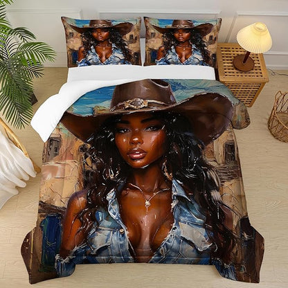 Western Comforter Set Queen: Black Girls Bedding for Cowboys Women Girls African American Bed Bedroom Dorm Fashion Quilt 1 Comforter + 2 Pillow Cases