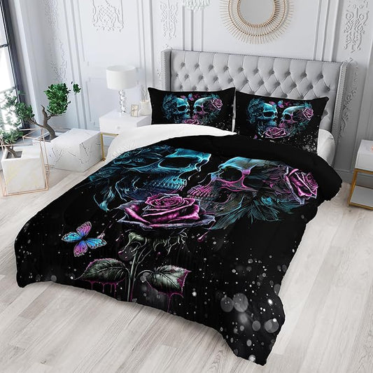 Gothic King Size Bedding Set - Skull & Rose Comforter, Black & Blue Quilt