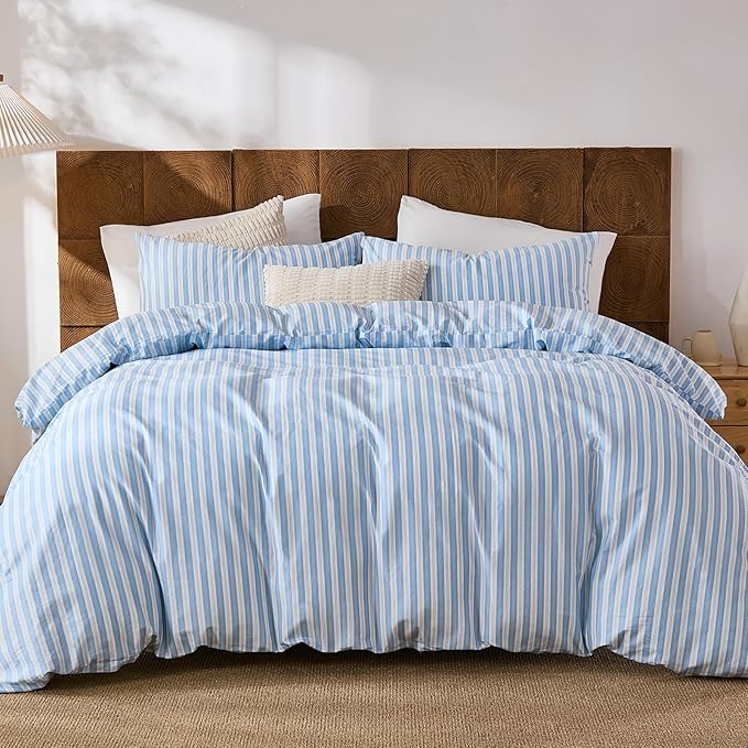 Merryword Blue and White Striped Duvet Cover Set Queen Size, 100% Cotton Linen Like Textured Bedding with Classic Vertical Stripes, Soft Lightweight Reversible Comforter Cover for All Seasons