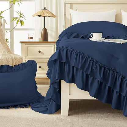 Andency Navy Blue Twin Size Comforter Set (66x90Inch), 2 Pieces Fluffy Shabby Chic Ruffle Bedding Comforter Sets, All Season Soft Lightweight Polyester Bedding Set for Kids, College Dorm