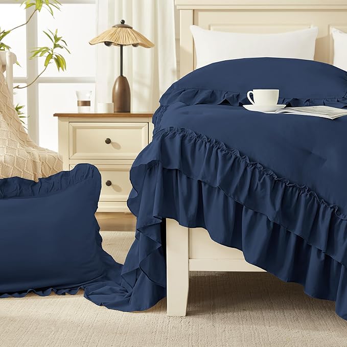 Andency Navy Blue California King Comforter Set (104x96Inch), 3 Pieces Farmhouse Shabby Chic Ruffle Bedding Comforter Sets, Lightweight Fluffy Soft Polyester All Season Bed Set