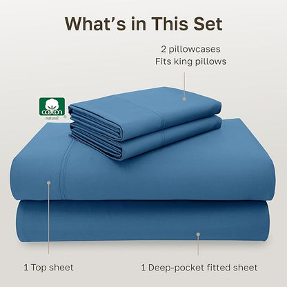 California Design Den King Sheets Cotton Set - Luxury 600 Thread Count Sateen, Natural 100% Cotton Bed Sheets King Size, Durable Fully Elasticized Deep Pockets - Parisian Blue
