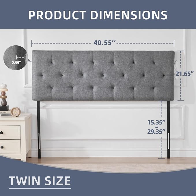 Linen Headboard Twin Size, Adjustable Height Headboard 37-51 in, Light Gray | Diamond Tufting Solid Wood Twin XL Headboards Only, Durable Metal Legs, Upholstered Twin Head Board for Dorm Bed Frame