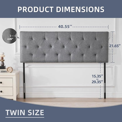 Linen Headboard Twin Size, Adjustable Height Headboard 37-51 in, Light Gray | Diamond Tufting Solid Wood Twin XL Headboards Only, Durable Metal Legs, Upholstered Twin Head Board for Dorm Bed Frame
