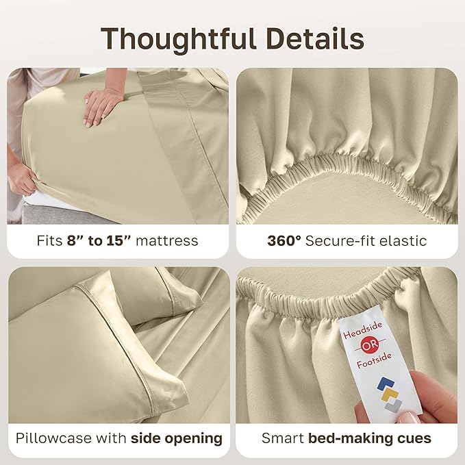 California Design Den Soft Twin Sheets Set - 400 Thread Count Sateen, Natural 100% Cotton Sheets, Deep Pockets, and Durable Bedding Set for Dorm Rooms & Adults - Beige (Golden Tone)