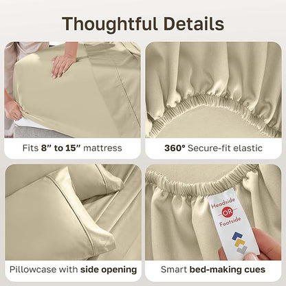 California Design Den Soft Twin Sheets Set - 400 Thread Count Sateen, Natural 100% Cotton Sheets, Deep Pockets, and Durable Bedding Set for Dorm Rooms & Adults - Beige (Golden Tone)