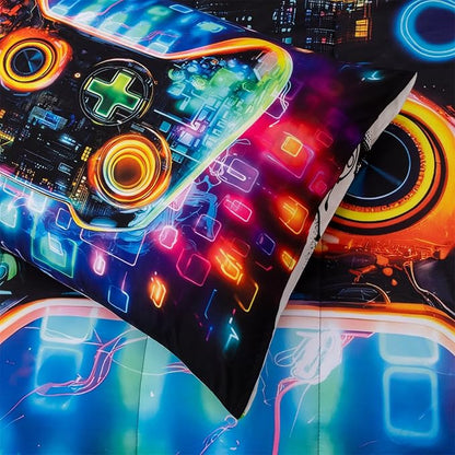 Aimuan Gamer Gaming Bedding Sets 3D Gamepad Comforter Sets for Boys Games Console Action Buttons Novelty Colorful Game Controller Modern Room Decor Home Quilt Set (Black-Blue, Full)