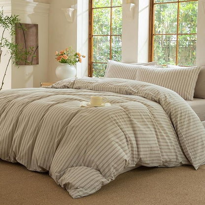 Striped Duvet Cover Set 100% Washed Cotton Linen Like Soft Feelling Breathable Bedding(Strip-Beige/White,Twin)