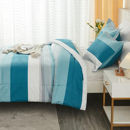 Litanika King Comforter Set White Teal - 3 Pieces Lightweight Fluffy Bedding Comforter Sets, All Season Down Alternative Comforter (1 Comforter, 2 Pillowcases)