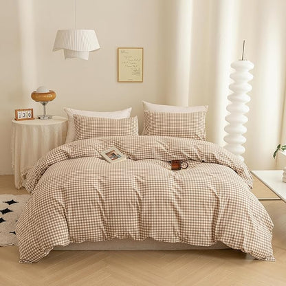 ECOCOTT Gingham Duvet Cover King Size 100% Washed Cotton Like Linen Feel Super Soft & Comfy Bedding Set Modern Checkered Design for All Seasons