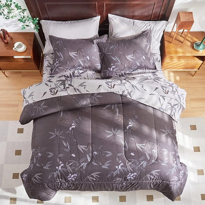 7-Piece Bed in a Bag King Comforter Set with Sheets, Black Leaves Botanical Design Lightweight Bedding for All Season (1 Comforter, 2 Pillow Shams, 1 Fitted Sheet, 2 Pillowcases)