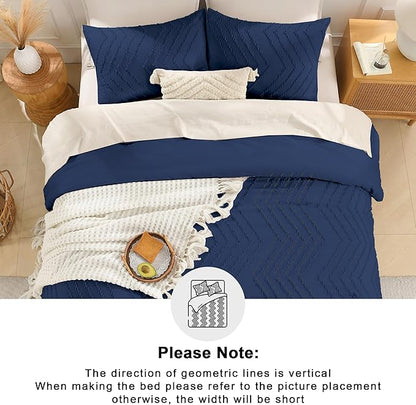 Andency Navy Blue Comforter Set Queen Size, Boho Soft Warm Tufted Bedding Comforter Sets for Queen Size Bed, 3 Pieces Aesthetic Chevron Farmhouse Cute Bohemian Textured Bed Set