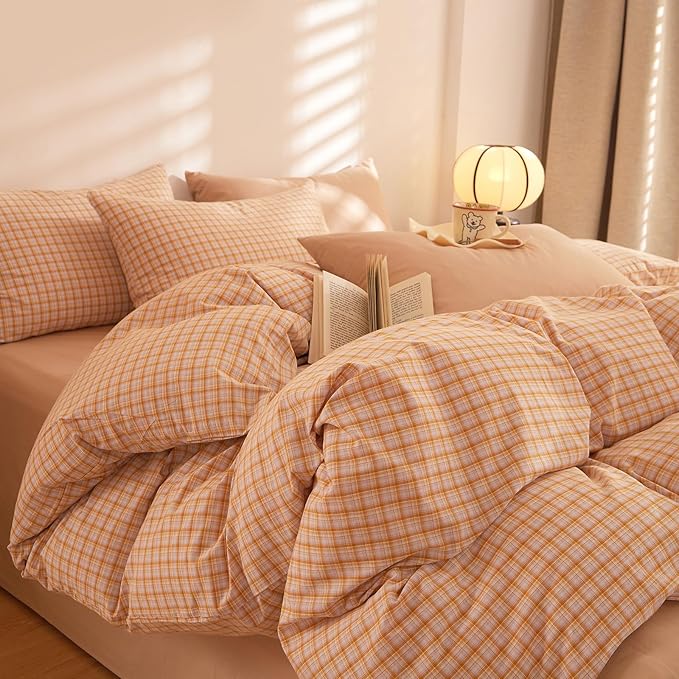 Plaid King Size Comforter Sets Washed Cotton Boho Bedding Set Down Alternative Cozy Fluffy Aesthetic Bedding Comforter Sets Soft All Season Farmhouse Comfy Bed Comforter with 2 Pillowcases