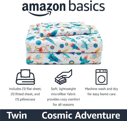 Amazon Basics Microfiber Kids' Sheet Set with Pillowcase, 3-Piece, Twin, Cosmic Adventure
