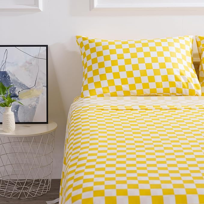 Best Season Bed Sheet Set 3 Piece -Twin Size-Soft Durable Microfiber Bedding Sheet Set,Deep Pocket,Stain,Fade & Wrinkle Resistant Green and White Checkerboard Grid(Plaid Yellow&White)