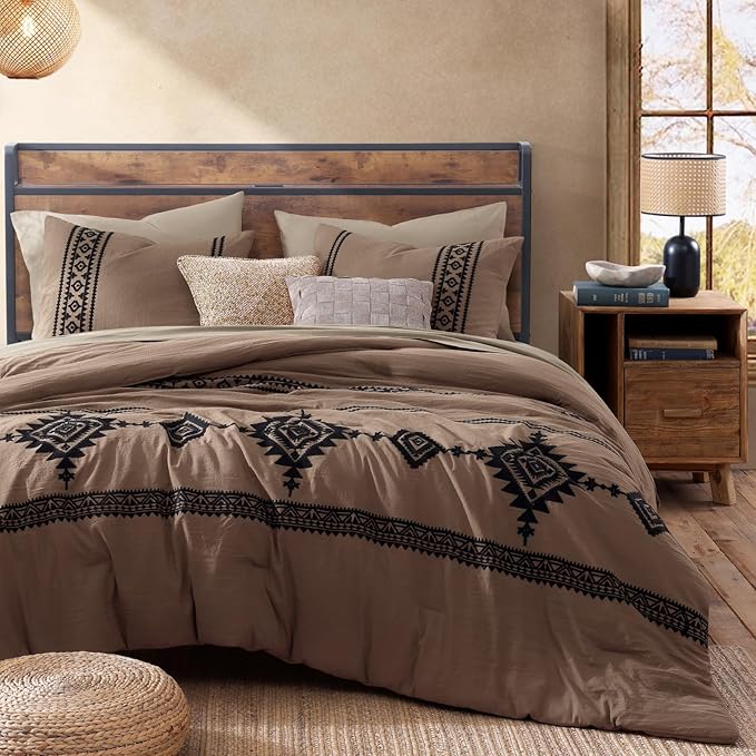 MaiRêve California King Comforter Set Brown, Embroidery Western Bedding Set Boho 7 Pieces, Farmhouse All-Season Bed in A Bag with Sheets, Pillowcases & Shams